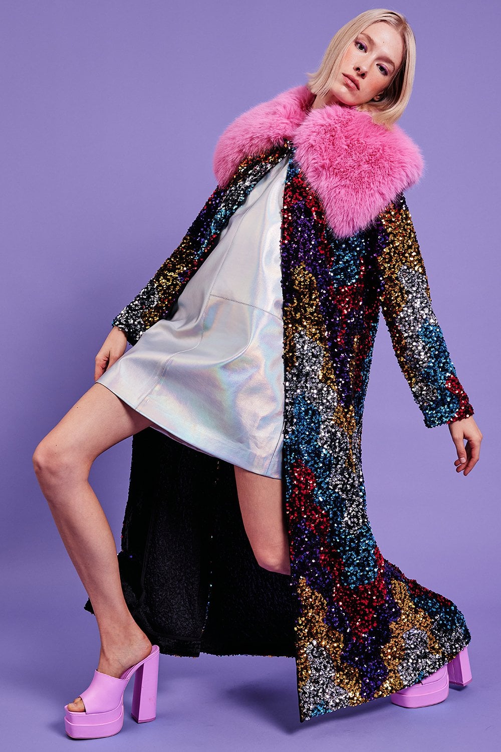 Black Sequin Velvet Trench Coat with Pink Faux Fur Collar-2