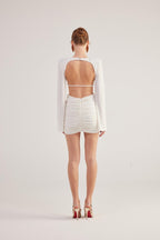 Hanna White Backless Long Sleeve Mini Dress with Removable Rose Accessory-2