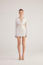 Hanna White Backless Long Sleeve Mini Dress with Removable Rose Accessory-3