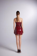 Bria Burgundy Strapless Faux Patent Leather Mini Dress-1