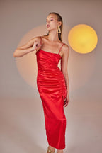 Dipsy Red Satin Strappy Slit Midi Dress-4