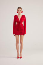 Hanna Red Backless Long Sleeve Mini Dress with Removable Rose Accessory-3