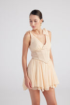 Fiona Beige Ruched Mini Dress with Pleated Skirt-0