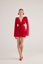 Hanna Red Backless Long Sleeve Mini Dress with Removable Rose Accessory-4