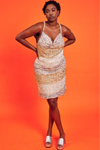 Gold Champagne Sequin Curve Size Velvet Slip Dress-3