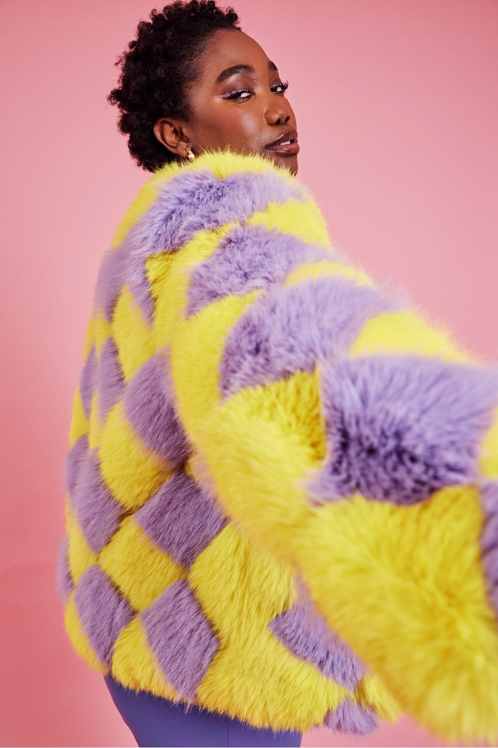 Delilah Yellow Purple Faux Fur Curve Size Jacket-3