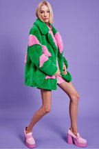 Green Eco Bamboo Faux Fur Coat with Love Heart Detailing-1