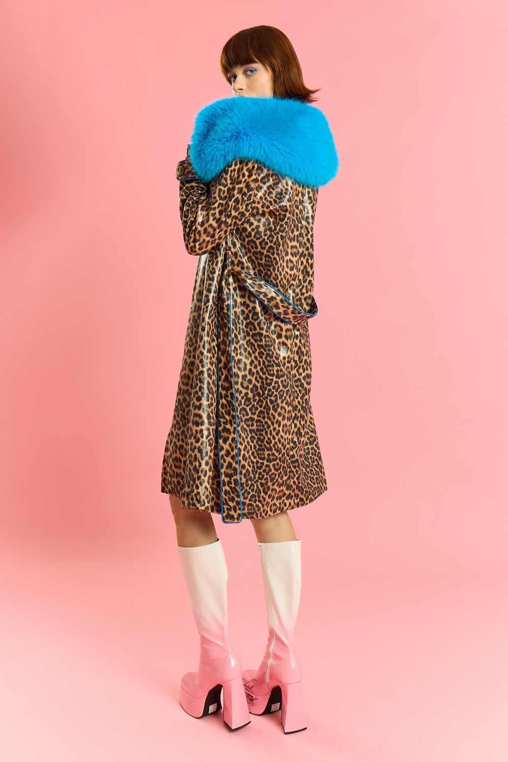 Blue Faux Suede Trench Coat with Faux Fur Collar-3