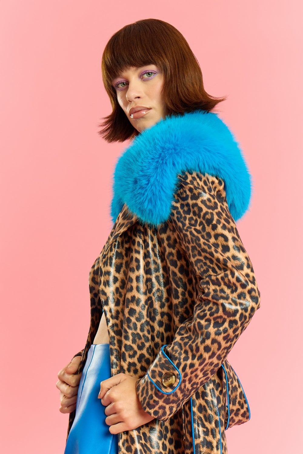 Blue Faux Suede Trench Coat with Faux Fur Collar-0