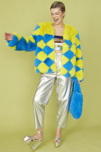 Delilah Handmade Yellow Blue Faux Fur Jacket-0