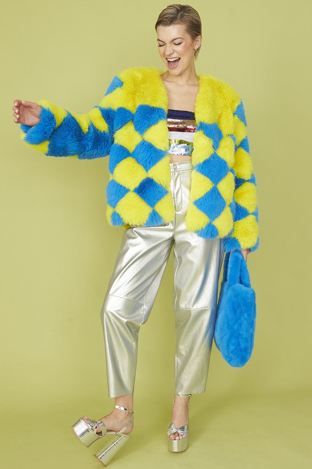 Delilah Handmade Yellow Blue Faux Fur Jacket-0