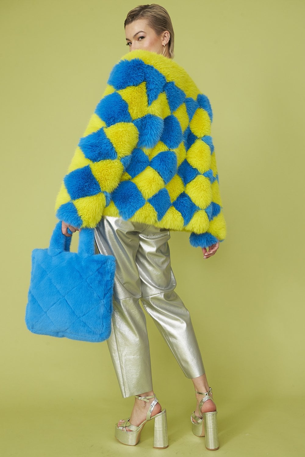 Delilah Handmade Yellow Blue Faux Fur Jacket-3