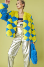 Delilah Handmade Yellow Blue Faux Fur Jacket-1