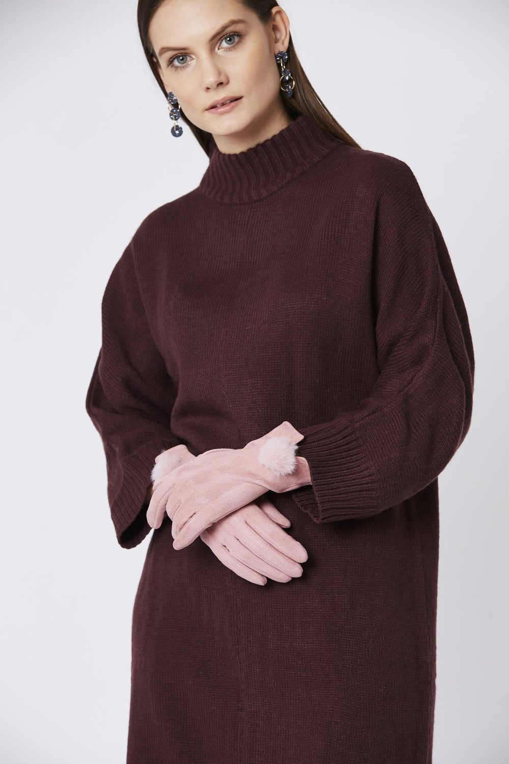 Light Pink Faux Suede Gloves With Faux Fur Pom-0