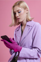 Pink Faux Suede Gloves With Faux Fur Pom-1