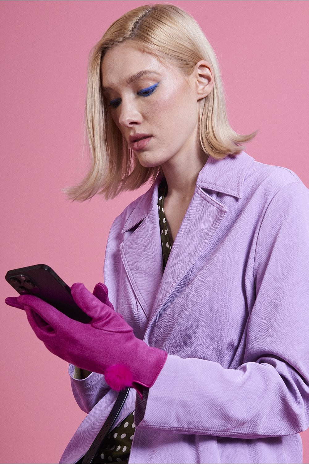 Pink Faux Suede Gloves With Faux Fur Pom-1