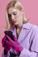 Pink Faux Suede Gloves With Faux Fur Pom-0