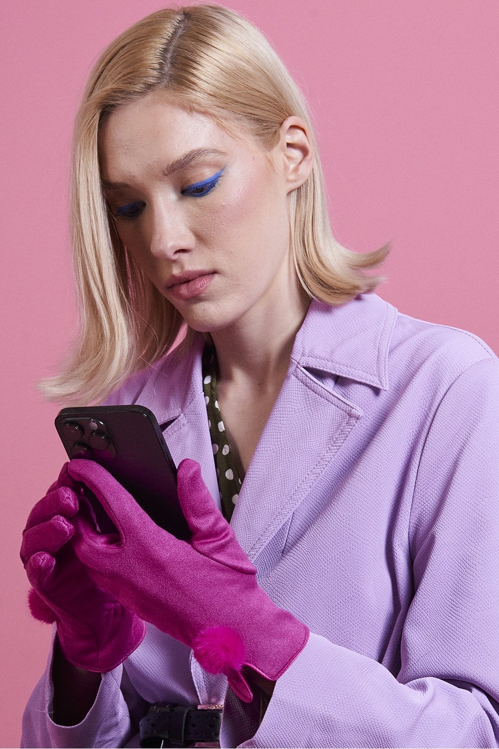 Pink Faux Suede Gloves With Faux Fur Pom-0