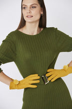 Yellow Faux Suede Gloves With Faux Fur Pom-0