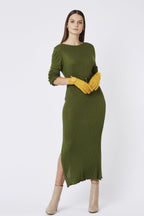 Yellow Faux Suede Gloves With Faux Fur Pom-4